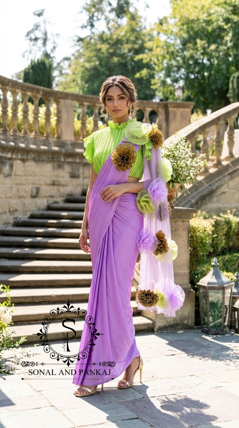 Parrot Green Pleated Blouse With Lavender Ready To Drape Saree - SA01730