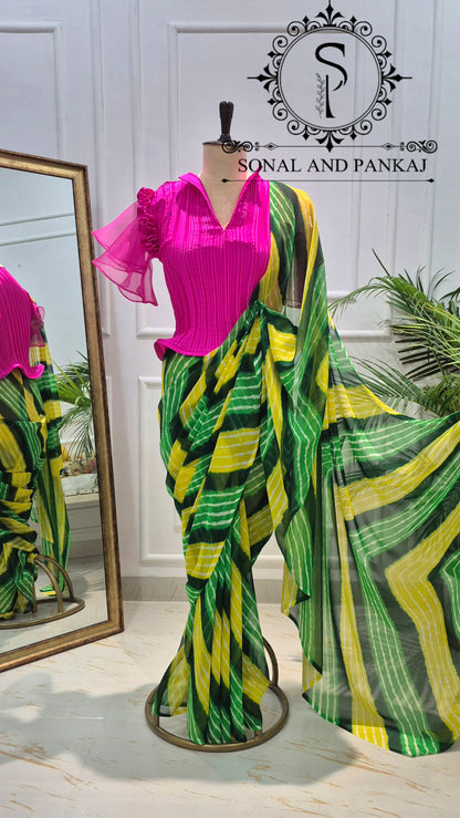 Pleated Rose Stretchable Top With Shaded Green Leheriya Print Saree - SA01732