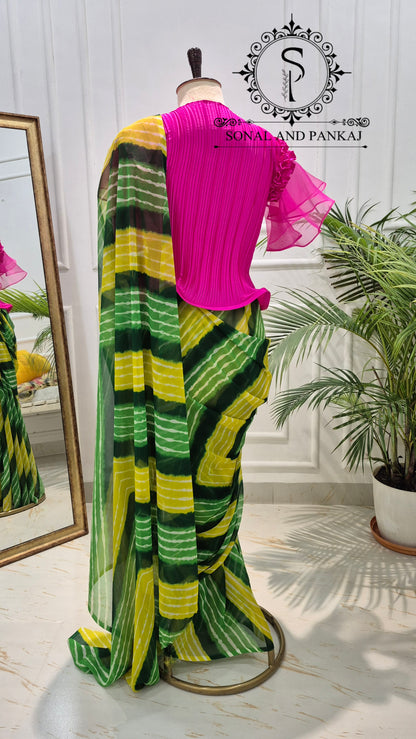 Pleated Rose Stretchable Top With Shaded Green Leheriya Print Saree - SA01732