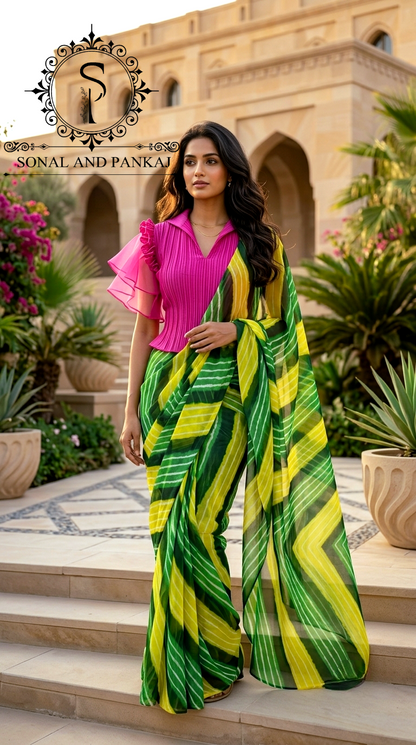 Pleated Rose Stretchable Top With Shaded Green Leheriya Print Saree - SA01732