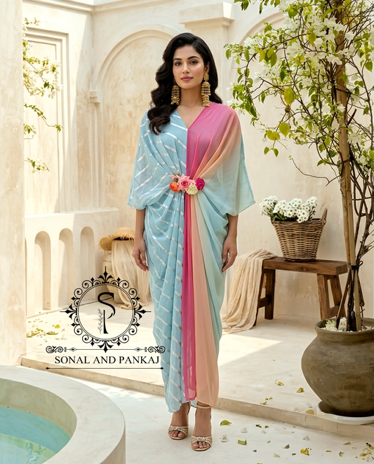 Pushpa - The Designer Bandhani Leheriya Kaftan On Sale - RW01744 (Sky Blue)