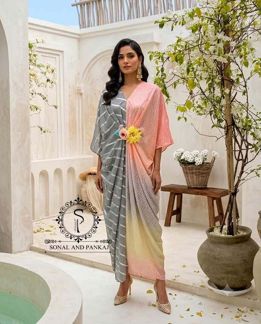 Pushpa - The Designer Bandhani Leheriya Kaftan On Sale - RW01742 (Grey)