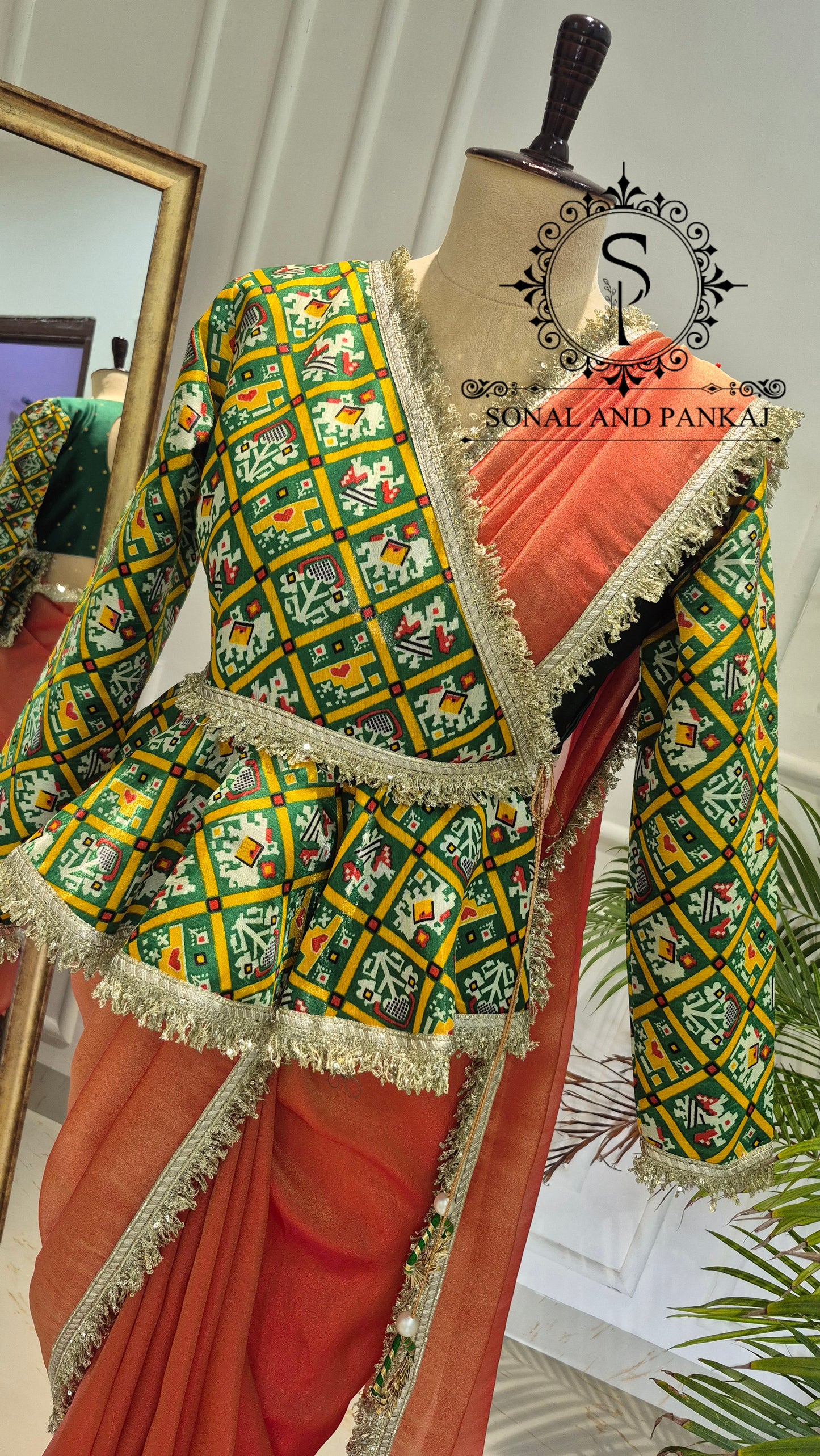 Parrot Orange Patola Peplum Jacket Saree Set - SA01773