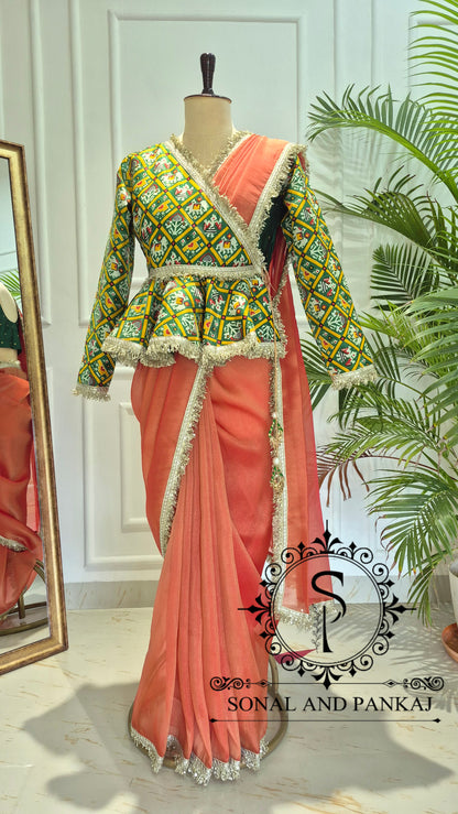 Parrot Orange Patola Peplum Jacket Saree Set - SA01773