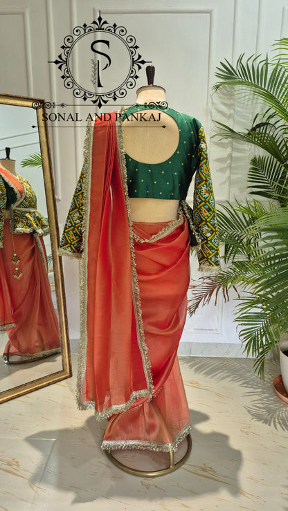 Parrot Orange Patola Peplum Jacket Saree Set - SA01773