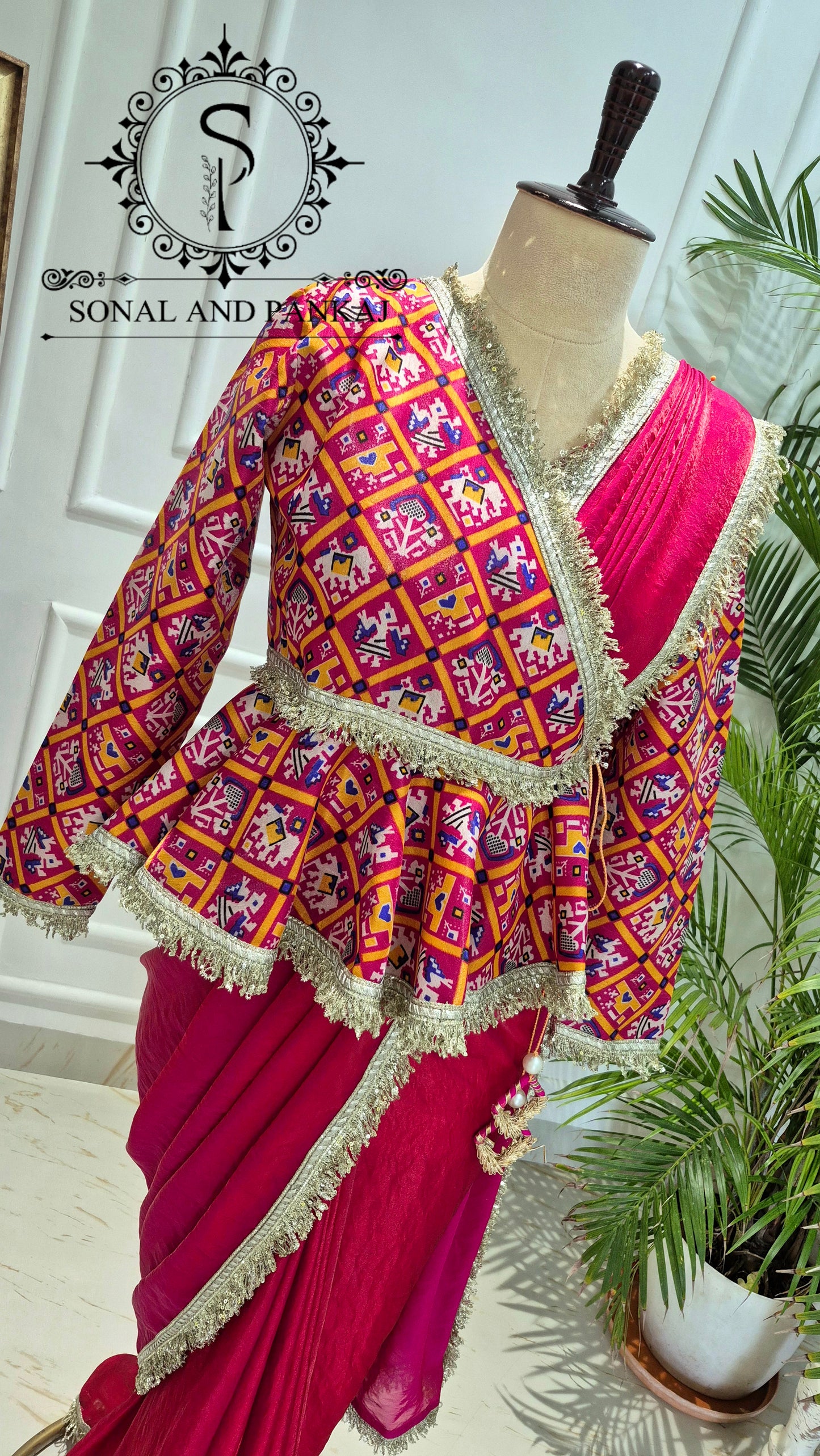 Magenta Patola Peplum Jacket Saree Set - SA01771