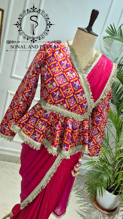 Magenta Patola Peplum Jacket Saree Set - SA01771