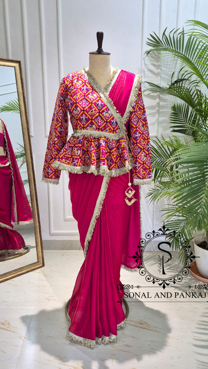 Magenta Patola Peplum Jacket Saree Set - SA01771