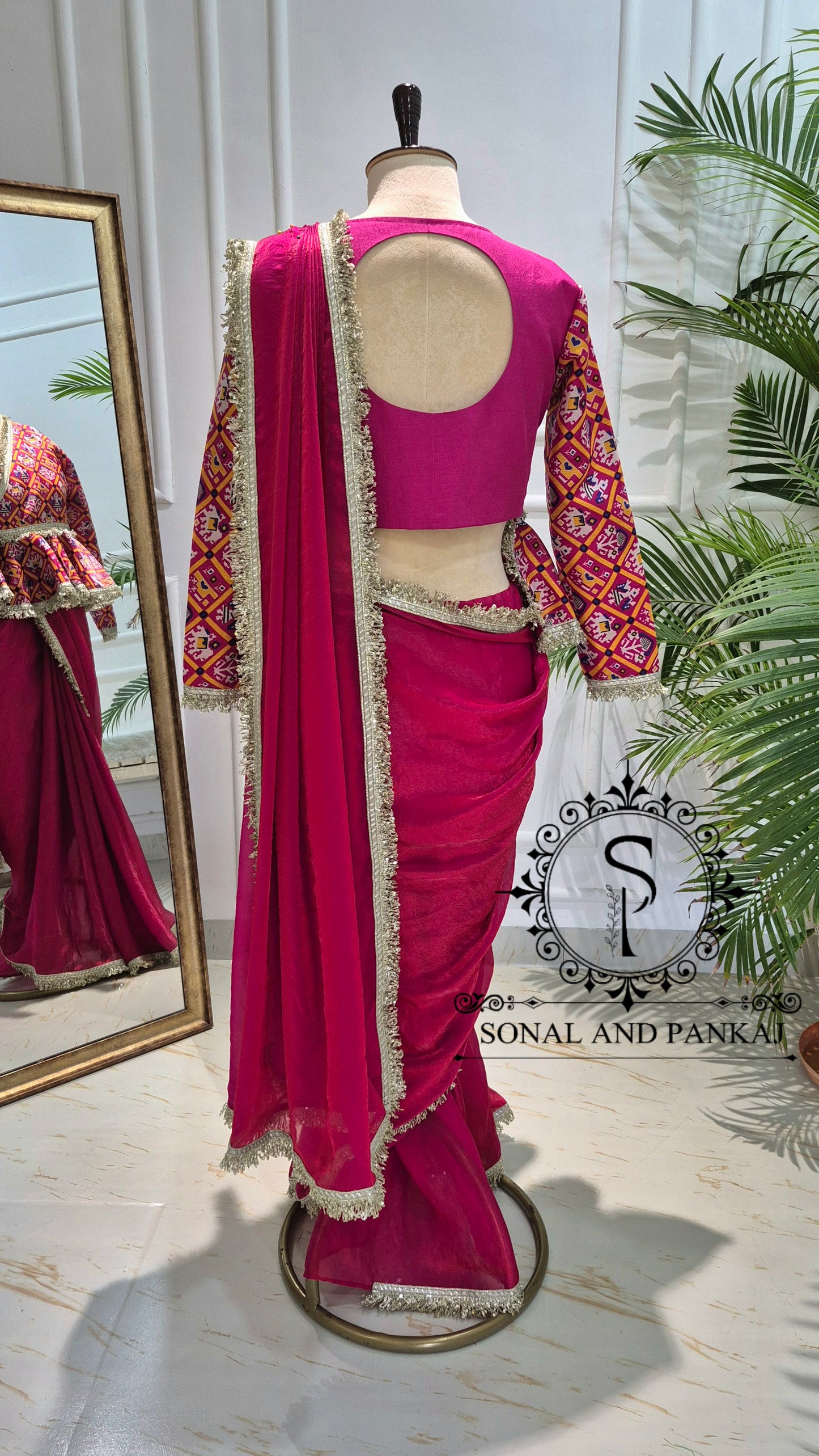 Magenta Patola Peplum Jacket Saree Set - SA01771