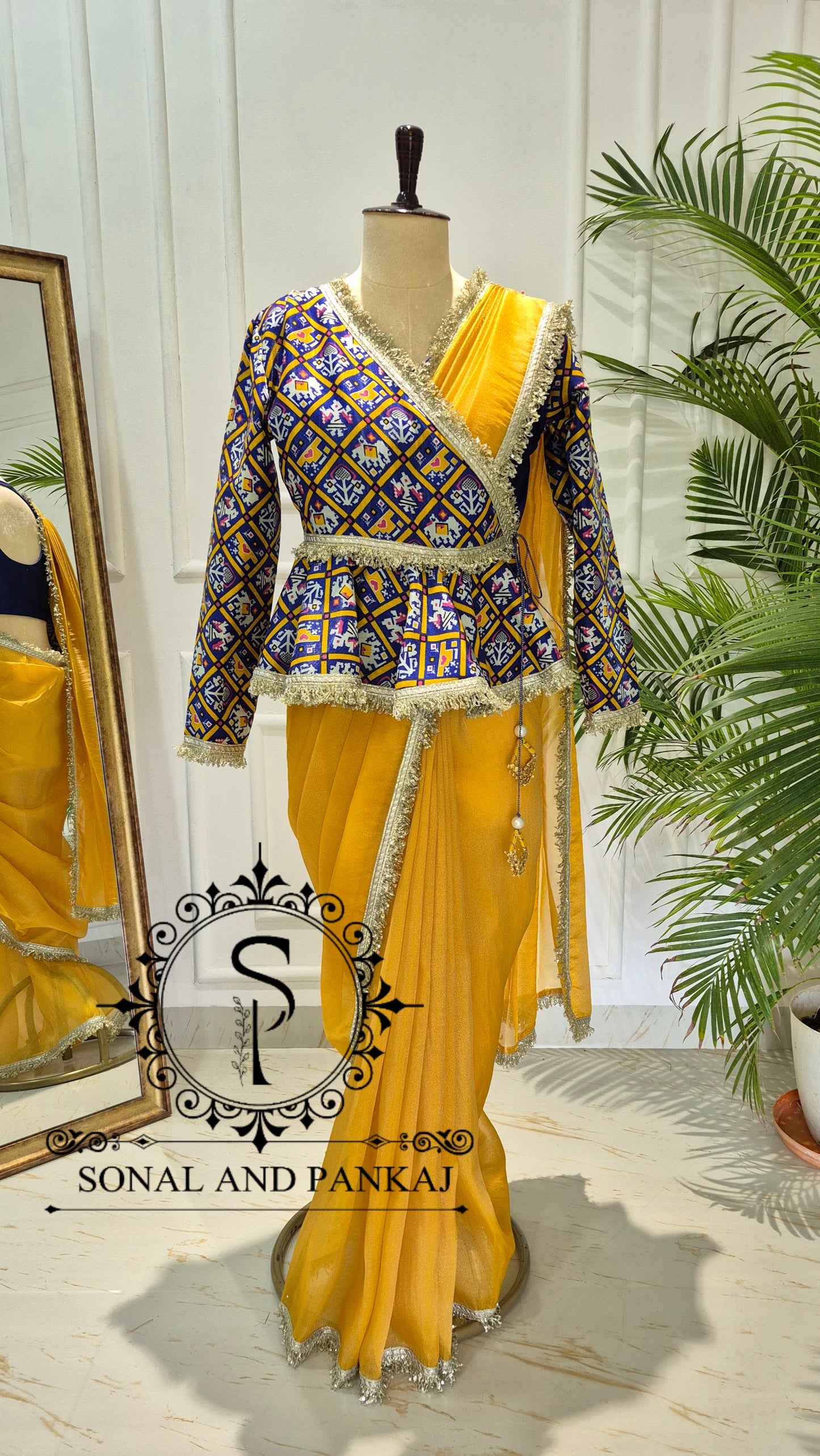 Indigo Haldi Patola Peplum Jacket Saree Set - SA01772