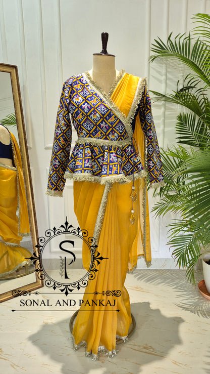 Indigo Haldi Patola Peplum Jacket Saree Set - SA01772