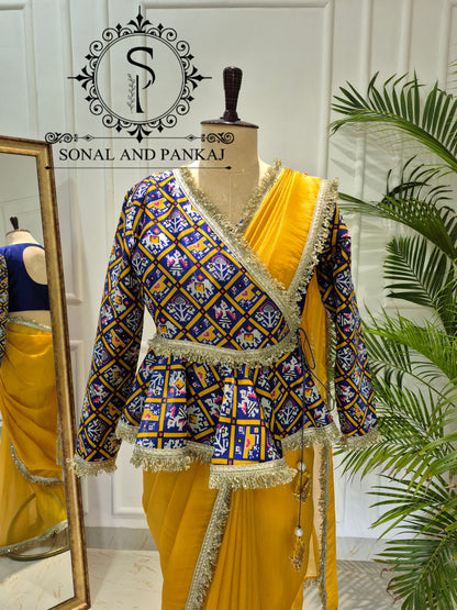 Indigo Haldi Patola Peplum Jacket Saree Set - SA01772