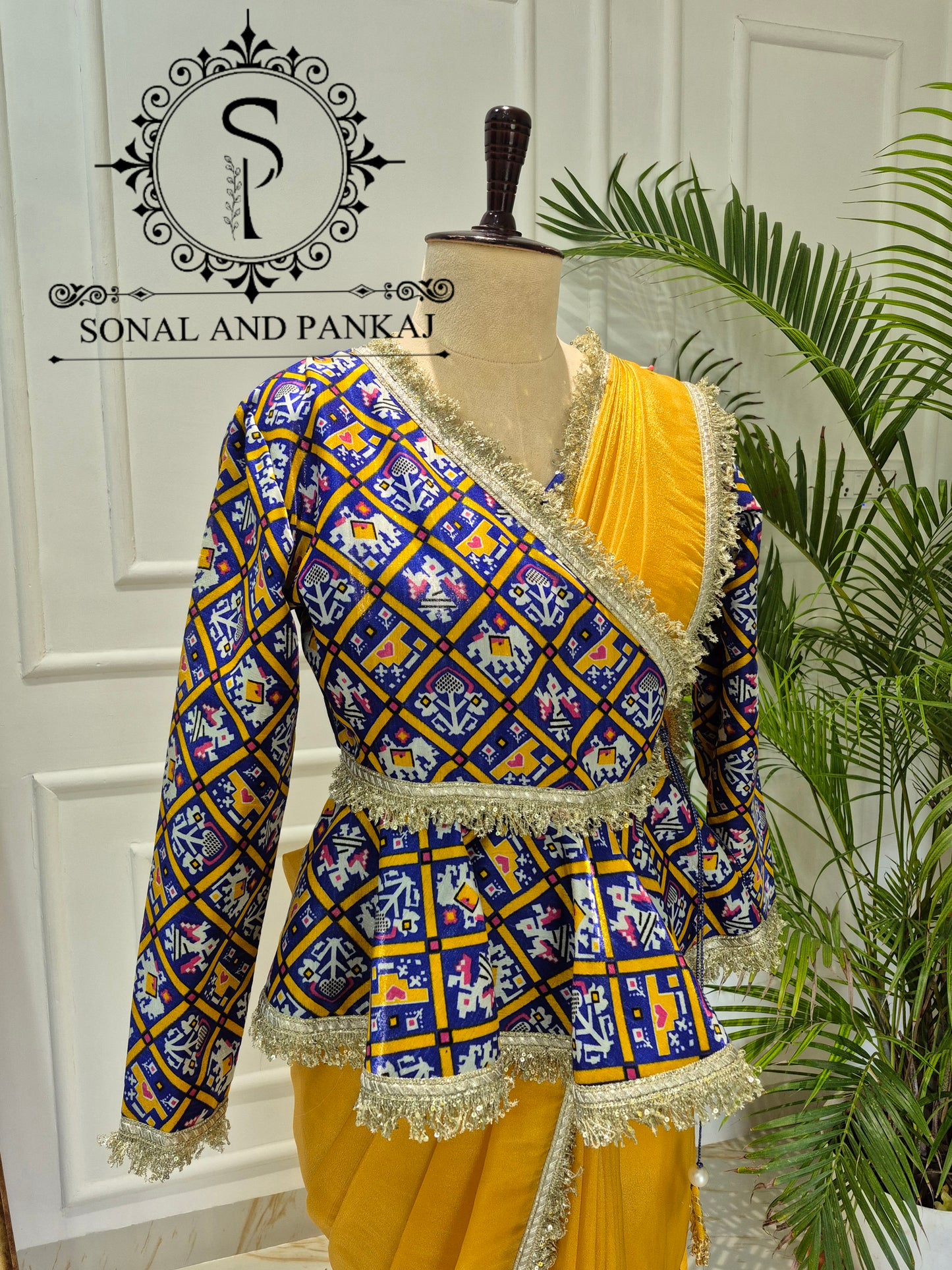 Indigo Haldi Patola Peplum Jacket Saree Set - SA01772