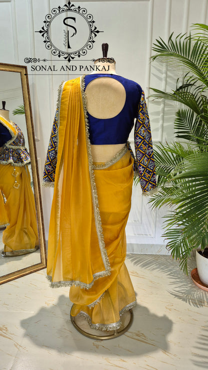 Indigo Haldi Patola Peplum Jacket Saree Set - SA01772
