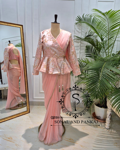 Peach & Gold Peplum Jacket Saree Set - SA01784