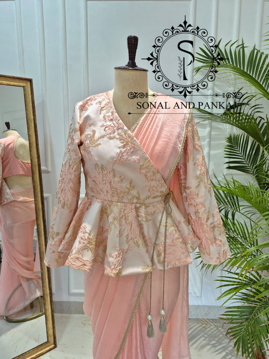 Peach & Gold Peplum Jacket Style Blouse - BL01782