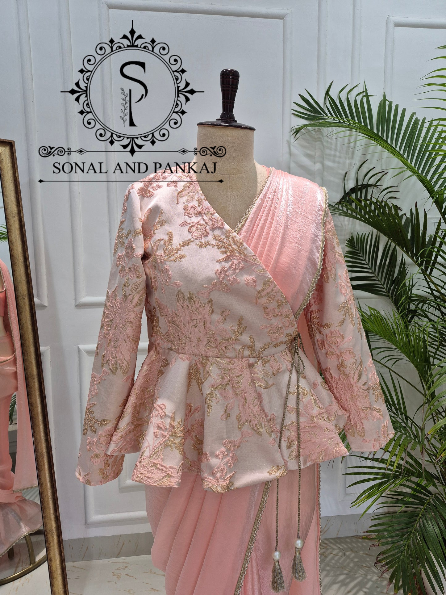 Peach & Gold Peplum Jacket Saree Set - SA01784