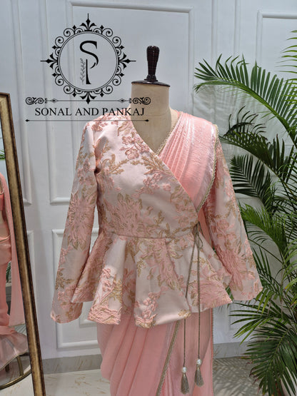 Peach & Gold Peplum Jacket Saree Set - SA01784