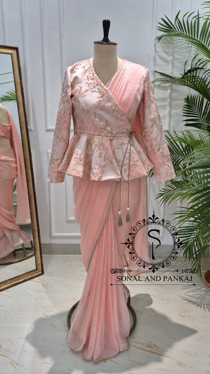 Peach & Gold Peplum Jacket Saree Set - SA01784
