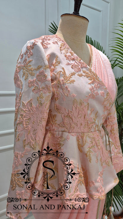 Peach & Gold Peplum Jacket Saree Set - SA01784