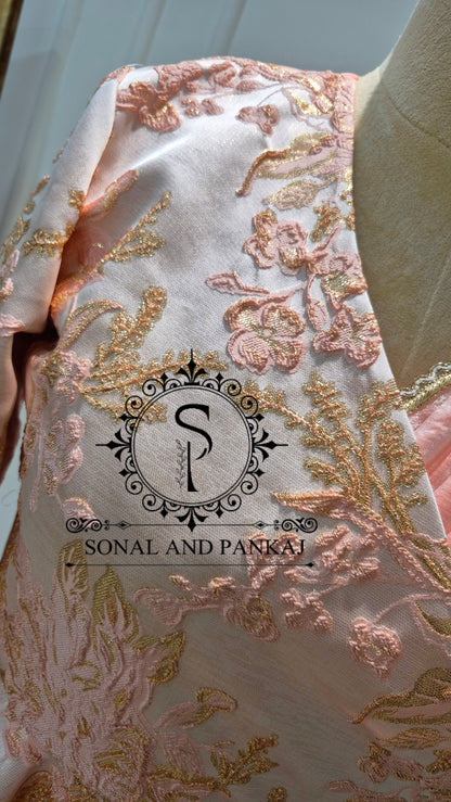 Peach & Gold Peplum Jacket Saree Set - SA01784