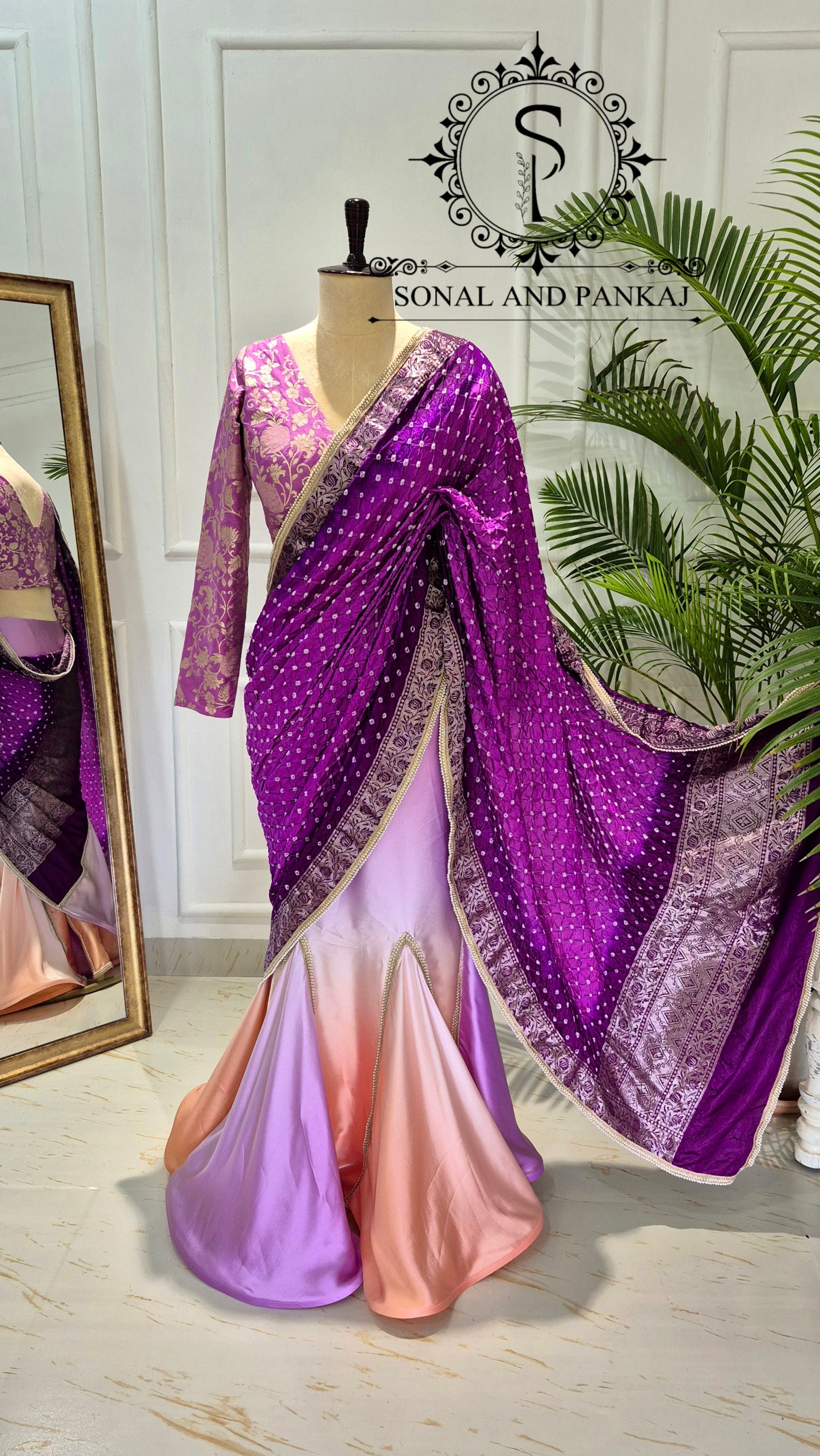 Peach & Plum Bandhani Ready-to-Drape Saree On Sale - SA01794