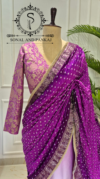 Peach & Plum Bandhani Ready-to-Drape Saree On Sale - SA01794