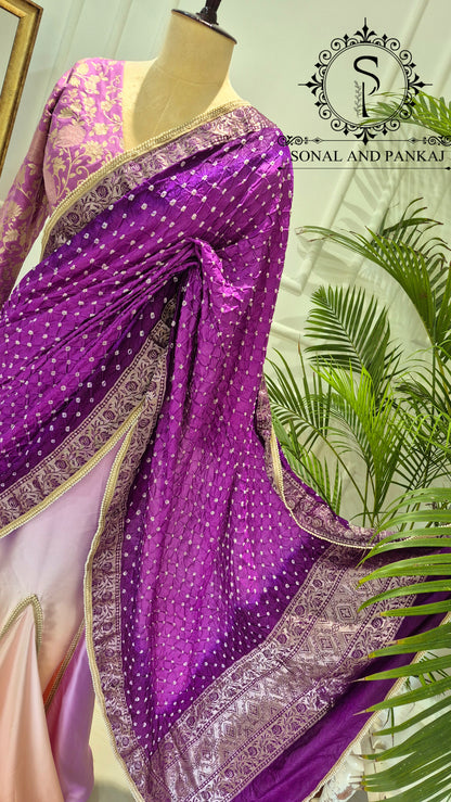 Peach & Plum Bandhani Ready-to-Drape Saree On Sale - SA01794