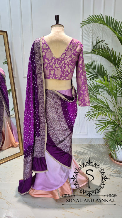 Peach & Plum Bandhani Ready-to-Drape Saree On Sale - SA01794