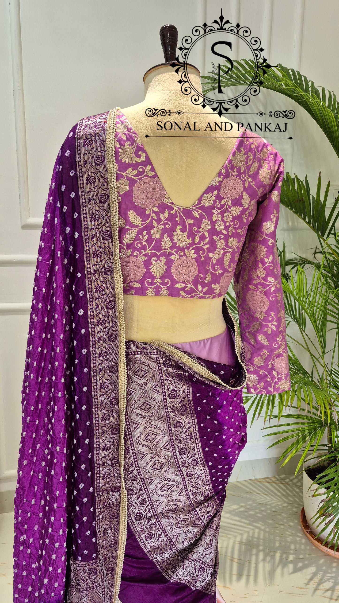Peach & Plum Bandhani Ready-to-Drape Saree On Sale - SA01794