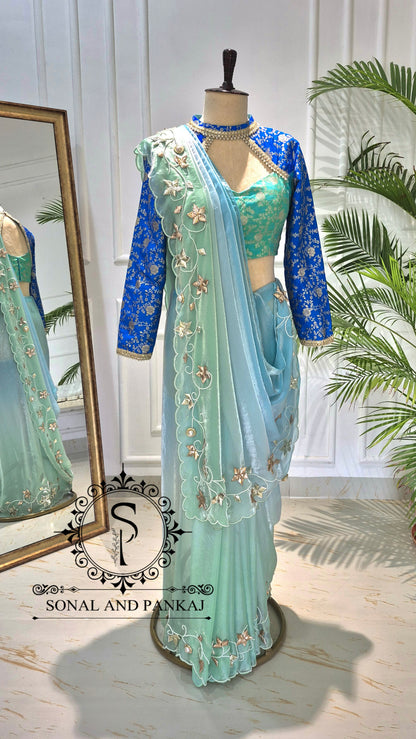 Oceanic Blue Gota Work Saree with Choker Style Blouse - SA01795