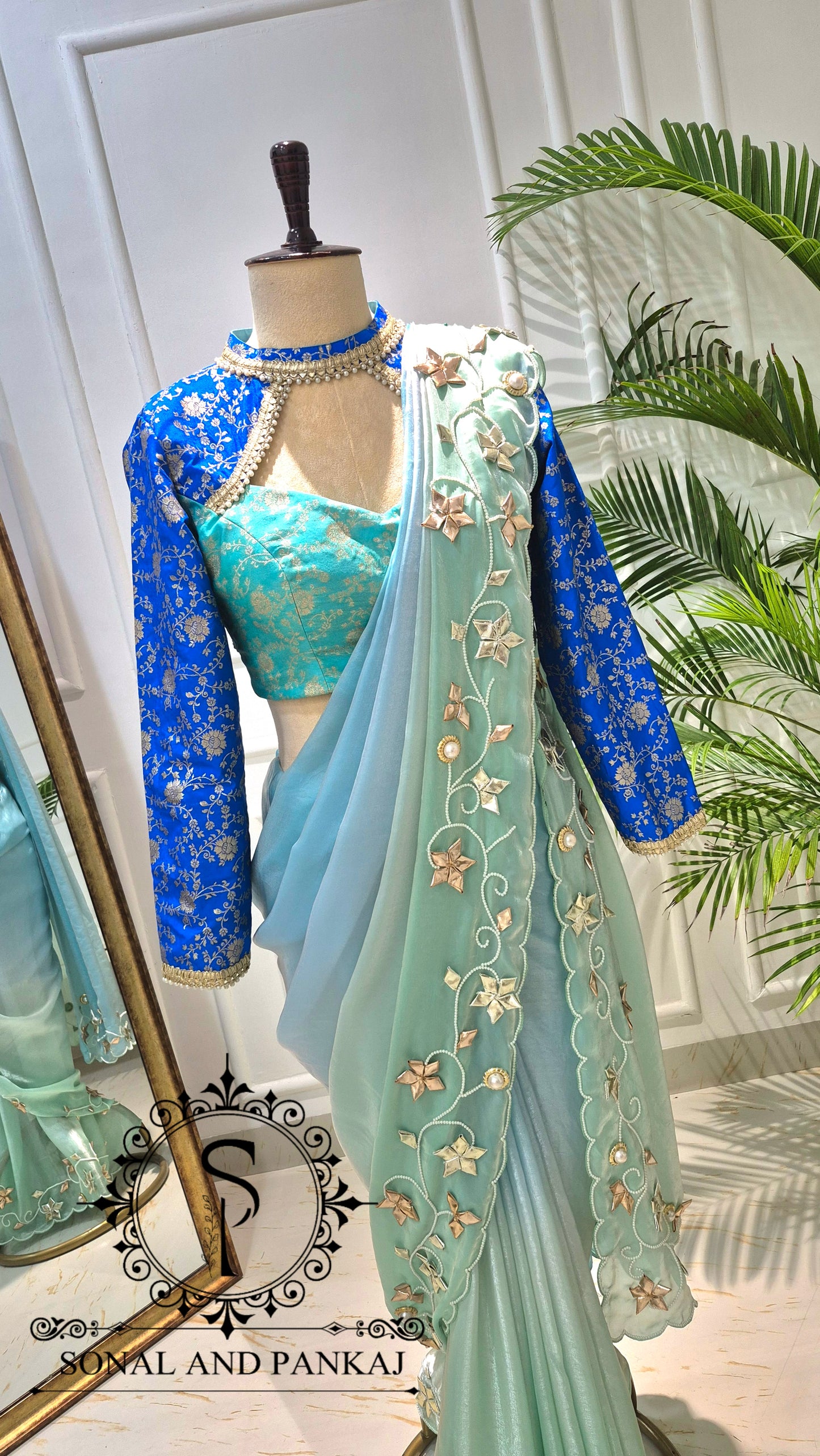 Oceanic Blue Gota Work Saree with Choker Style Blouse - SA01795