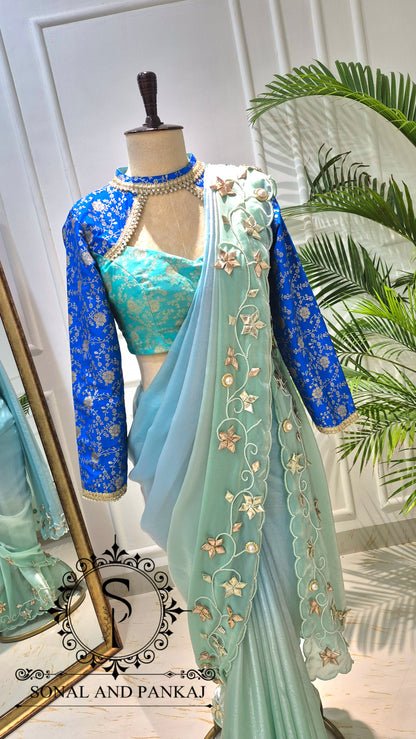 Oceanic Blue Gota Work Saree with Choker Style Blouse - SA01795