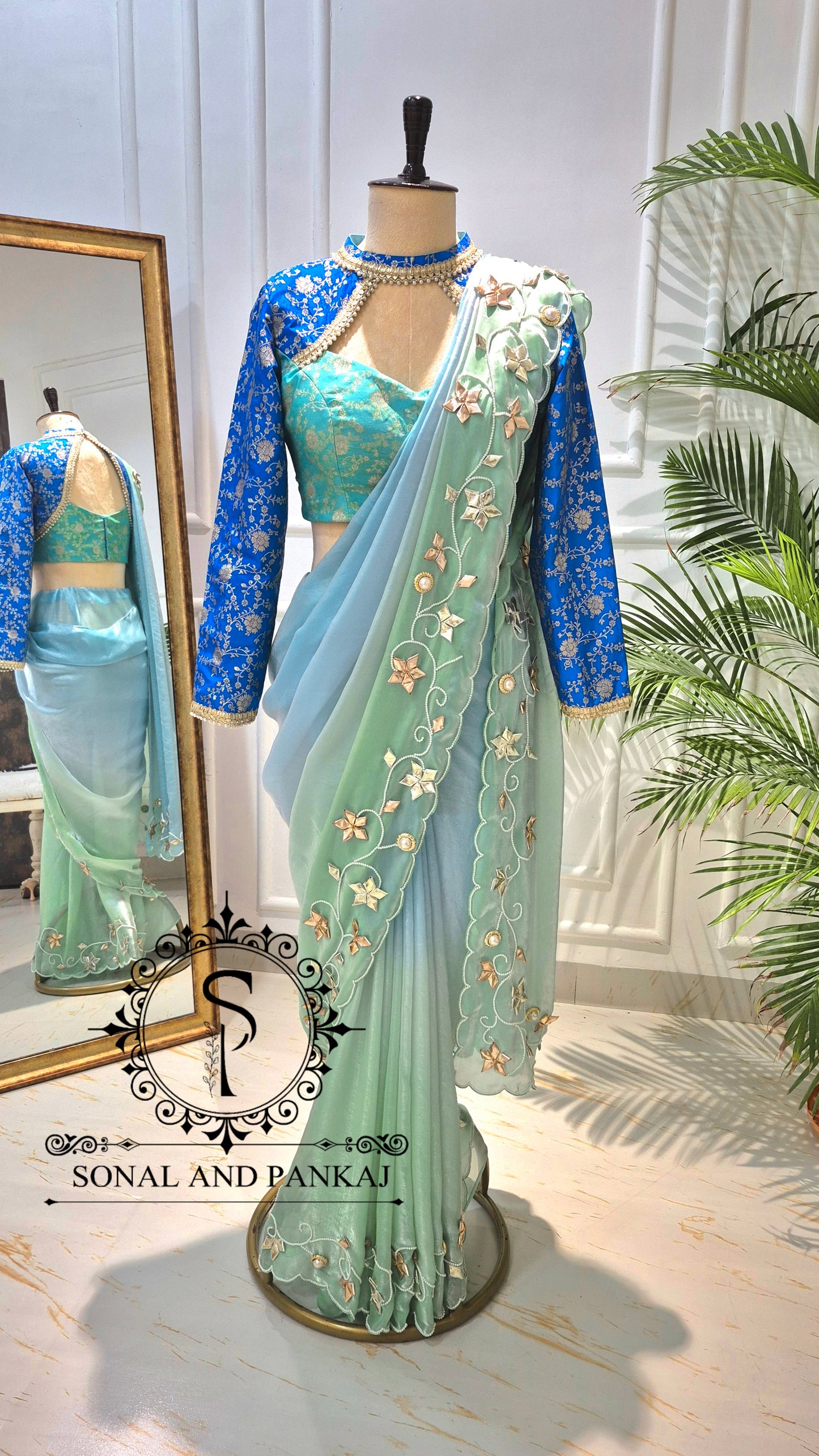 Oceanic Blue Gota Work Saree with Choker Style Blouse - SA01795