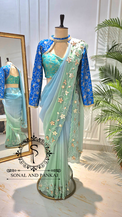 Oceanic Blue Gota Work Saree with Choker Style Blouse - SA01795