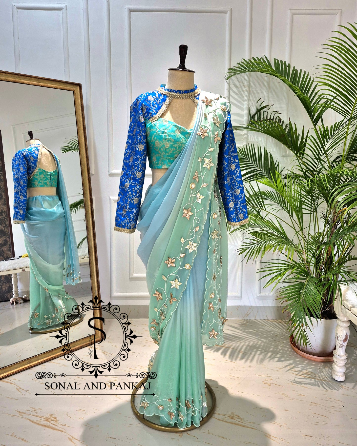Oceanic Blue Gota Work Saree with Choker Style Blouse - SA01795