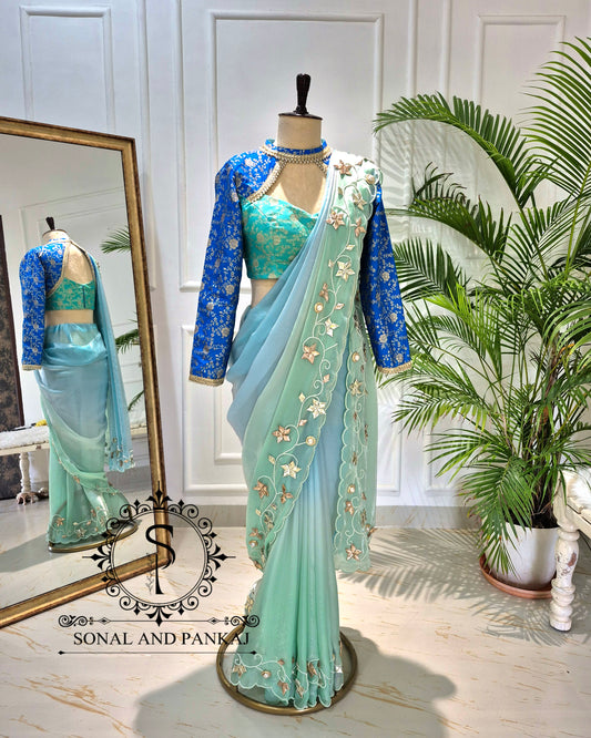 Oceanic Blue Gota Work Saree with Choker Style Blouse - SA01795