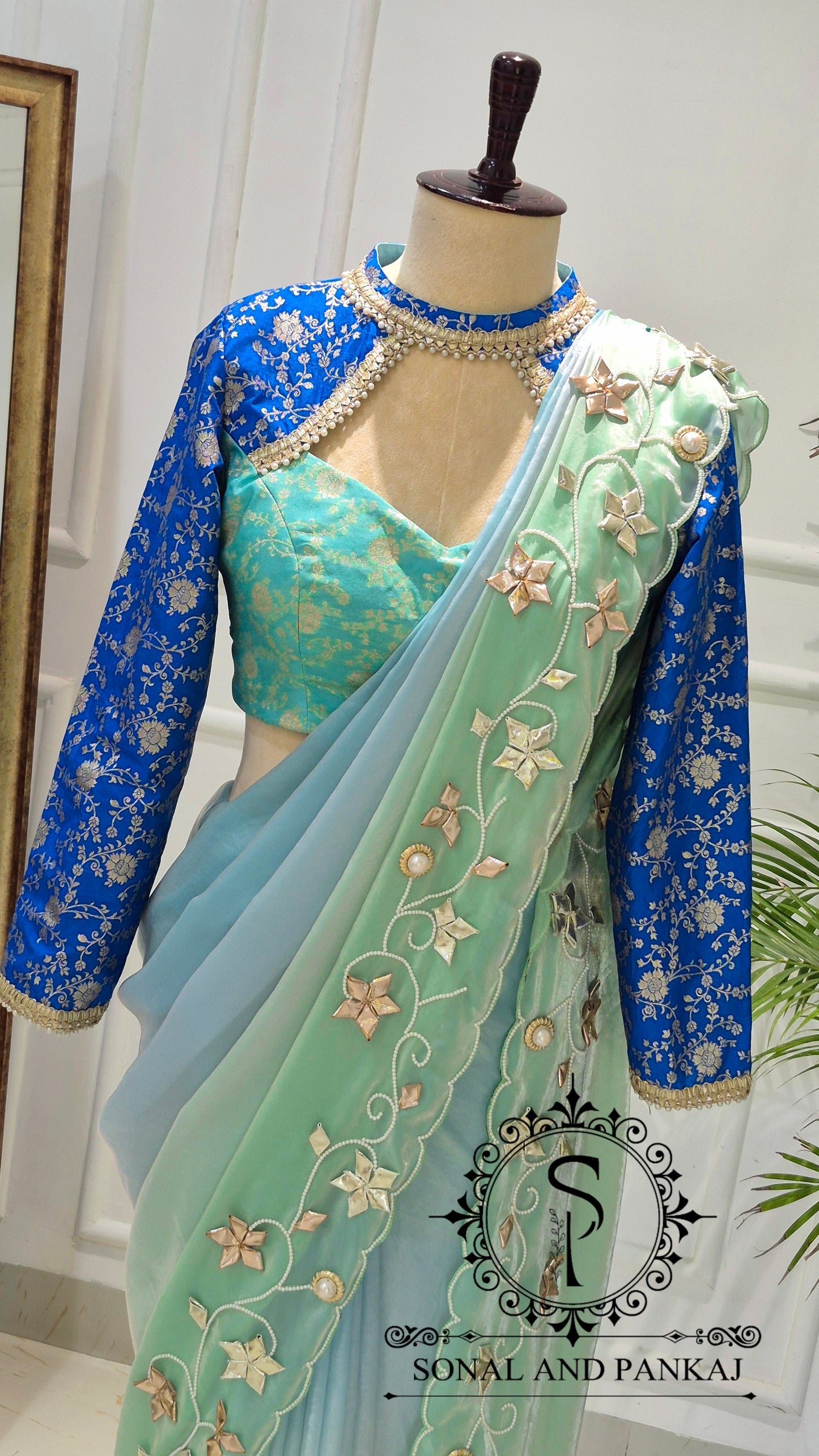 Oceanic Blue Gota Work Saree with Choker Style Blouse - SA01795