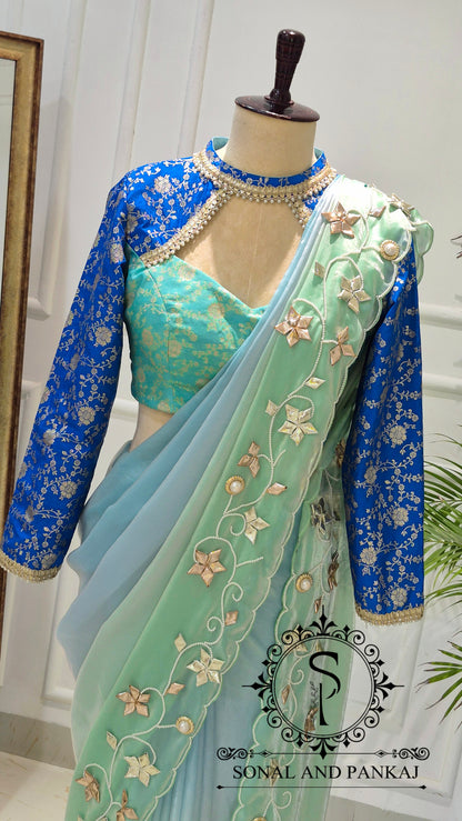 Oceanic Blue Gota Work Saree with Choker Style Blouse - SA01795