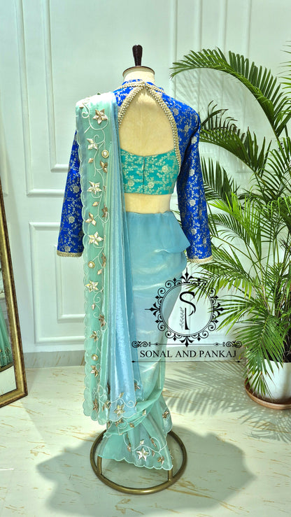 Oceanic Blue Gota Work Saree with Choker Style Blouse - SA01795