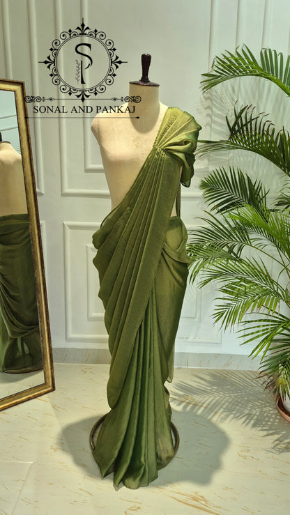 Desi Girl Vibe - Hot Pink & Shimmer Olive Pre-pleated Saree - SA01807