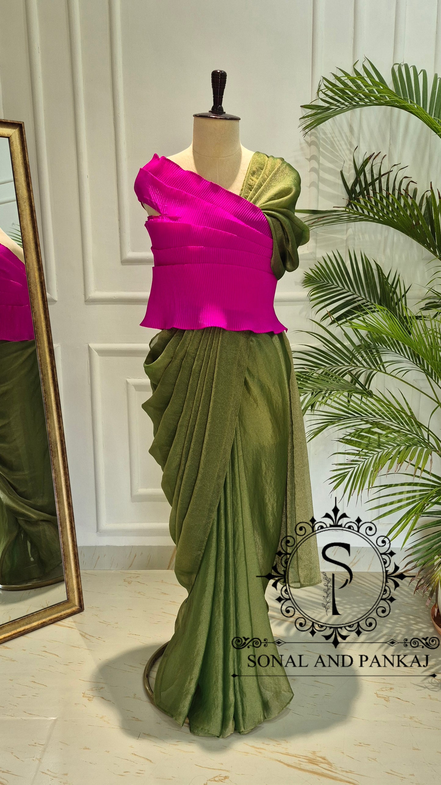 Desi Girl Vibe - Hot Pink & Shimmer Olive Pre-pleated Saree - SA01807