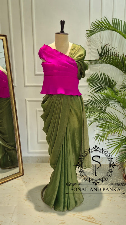 Desi Girl Vibe - Hot Pink & Shimmer Olive Pre-pleated Saree - SA01807