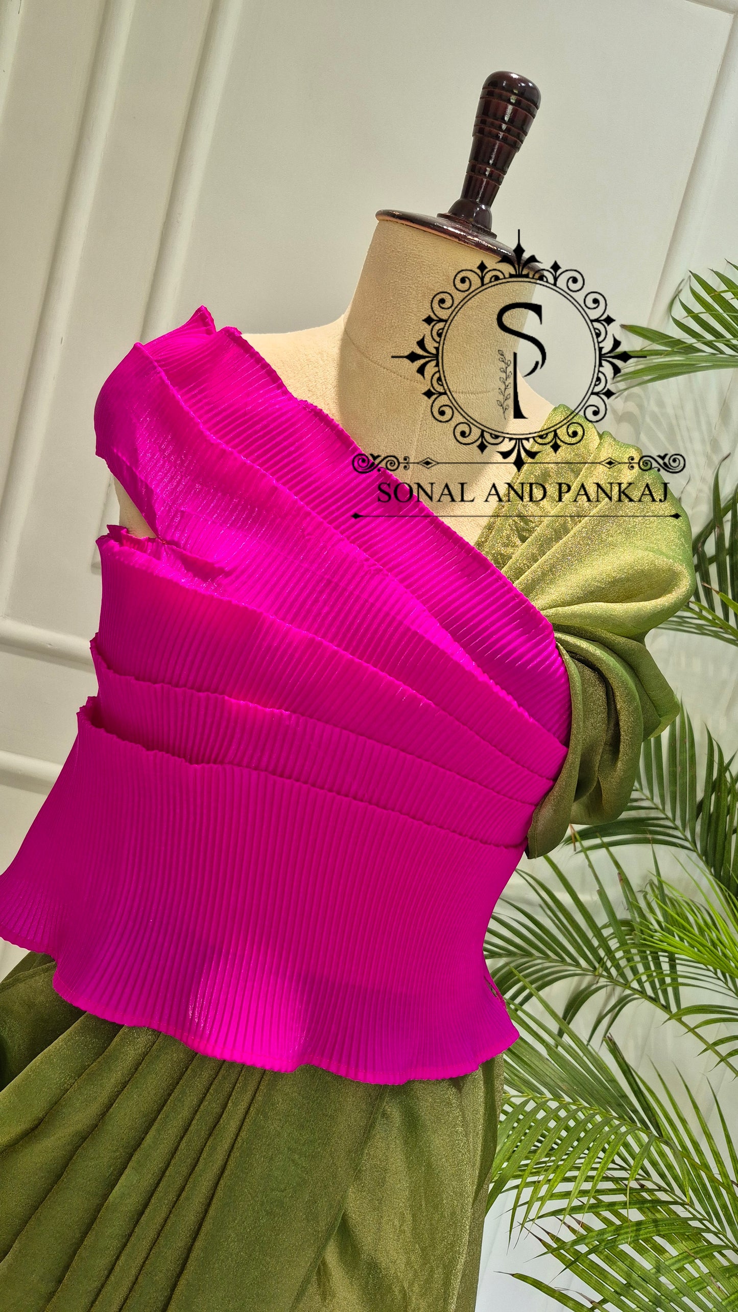 Desi Girl Vibe - Hot Pink & Shimmer Olive Pre-pleated Saree - SA01807