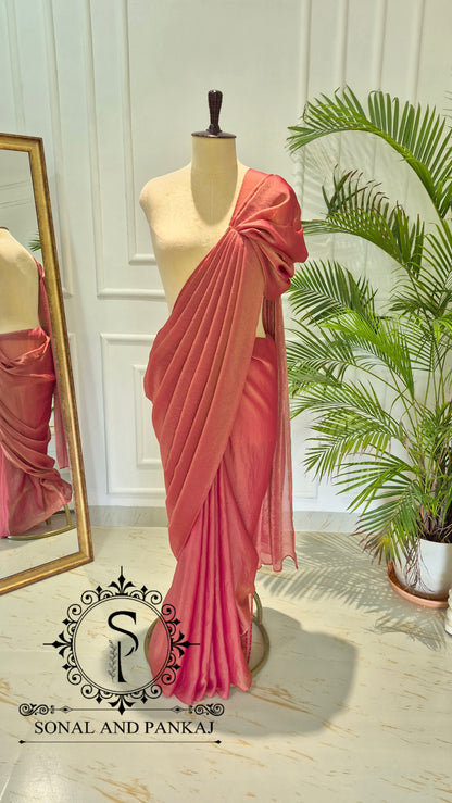 Desi Girl Vibe - Metallic Bronze & Jade Green Pre-pleated Saree - SA01806