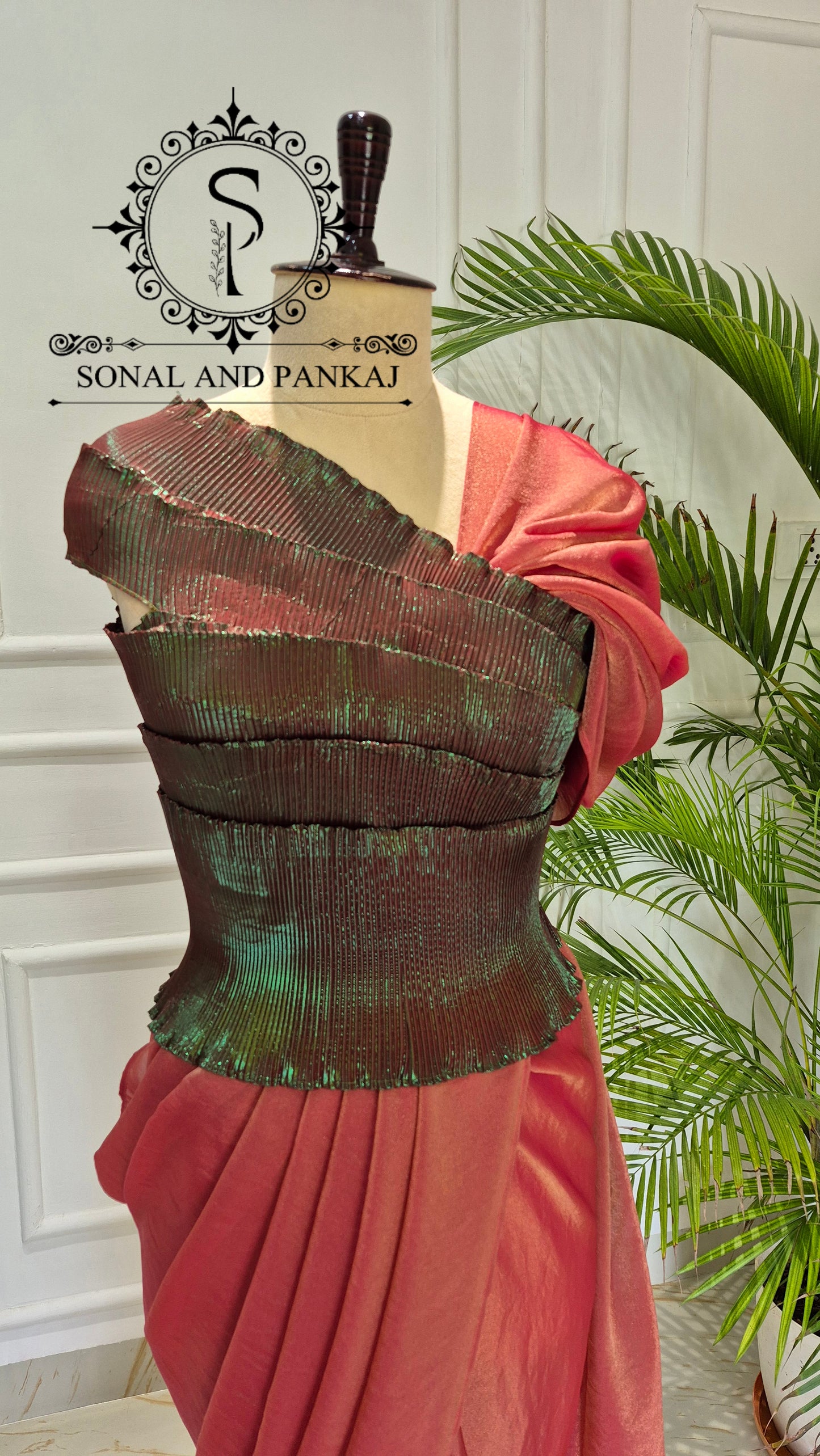 Desi Girl Vibe - Metallic Bronze & Jade Green Pre-pleated Saree - SA01806