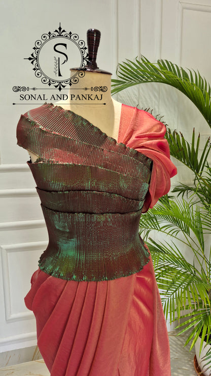 Desi Girl Vibe - Metallic Bronze & Jade Green Pre-pleated Saree - SA01806