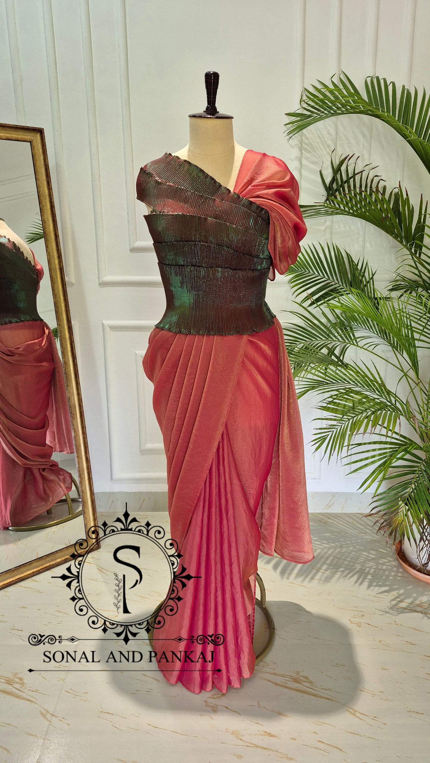 Desi Girl Vibe - Metallic Bronze & Jade Green Pre-pleated Saree - SA01806