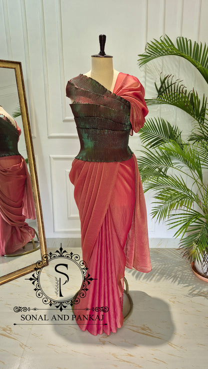 Desi Girl Vibe - Metallic Bronze & Jade Green Pre-pleated Saree - SA01806