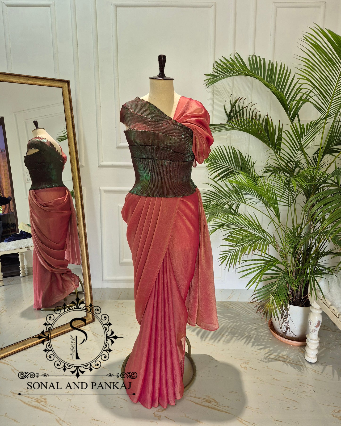 Desi Girl Vibe - Metallic Bronze & Jade Green Pre-pleated Saree - SA01806